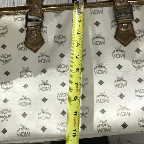 MCM Tote Bag White Logo Visetos Canvas Leather Trim Shoulder Bag - Picture 15 of 16